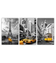 Kit 3 Quadros Tela Decorativa Paris Nova York Táxi 100X60Cm