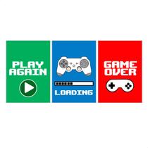 Kit 3 quadros Tema Games Videogames Game Over Loading Play again Retro Frases Jogos Nerd Geek decoração