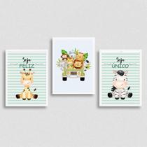 Kit 3 Quadros Tema Safari Infantil Seja Feliz 45x34cm