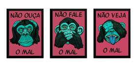 Kit 3 Quadros Três Macacos Sábios Não Ouça Fale Veja O Mal