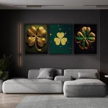 Kit 3 Quadros Trevo De 4 Folhas Canvas com Moldura 129x53cm