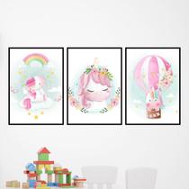 Kit 3 Quadros Unicórnios - Aquarela - Balão 45x34cm - com vidro