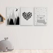Kit 3 Quadros Urso E Montanha Escandinavo 33x24cm