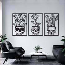 Kit 3 Quadros Vazados Caveira Com Cactus E Suculenta Decorativo MDF Skull Casa Sala Quarto - MongArte Decor