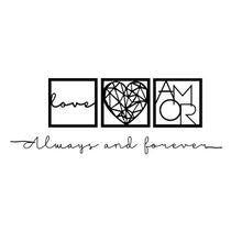 Kit 3 Quadros Vazados Love Coração Geométrico Amor + Frase de Parede Always and Forever MDF 3mm Decorativo