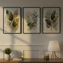 Kit 3 Quadros Verde Dourado Aquarela 60x80 Com Moldura e Vidro