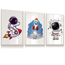 Kit 3 Quadros Vidro Infantil Foguete Astronauta Menino 23x33 cada Quarto