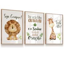 Kit 3 Quadros Vidro Infantil Por Este Filho Eu Orava Animais Frase 23x33 Moldura Carvalho