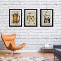 Kit 3 Quadros Vintage Bar Bebida Brinde 33x24cm