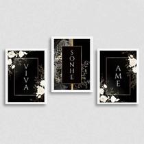Kit 3 Quadros Viva, Sonhe, Ame - Preto 24x18cm, Branco