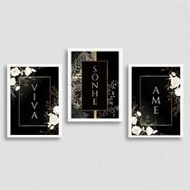 Kit 3 Quadros Viva, Sonhe, Ame - Preto 24x18cm - com vidro