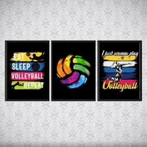 Kit 3 Quadros Volleyball Retrô 24x18cm - Moldura Branca