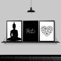 Kit 3 Quadros Zen Buda Good Vibes 33X24Cm Moldura Branca