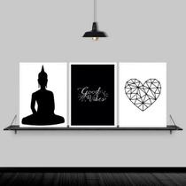 Kit 3 Quadros Zen Buda Good Vibes 45X34Cm Moldura Branca