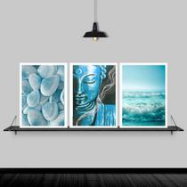 Kit 3 Quadros Zen Buda Mar Azul 45x34cm - com vidro Kit 3 Quadros Zen Buda Mar Azul 45x34cm - com vidro
