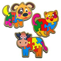 Kit 3 Quebra Cabeça Animais Infantil Cachorro Vaca Gato Madeira Educativo