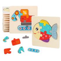 Kit 3 Quebra-Cabeça de Madeira 4D Desenho de Animais ou Veículos Brinquedo Infantil Educativo