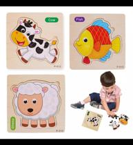Kit 3 Quebra Cabeça Infantil Pedagógico Educativo Madeira Animais Bebê Divertido Colorido Aprendizado Raciocínio