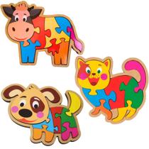 Kit 3 Quebra-Cabeça Jogo Educativo Animais Infantil Madeira