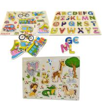 Kit 3 Quebra Cabeças Pino Didático Animais Veículos Alfabeto Kit 3 Quebra Cabeças Pino Didático Animais Veículos Alfabeto