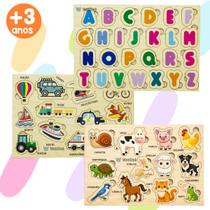 Kit 3 Quebra Cabeças Pino Didático Animais Veículos Alfabeto