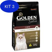 Kit 3 Ração Golden Gatos Adultos Castrados Carne 1Kg - Premier
