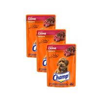 Kit 3 Ração Úmida Champ Adulto sabor Carne Sachê 85g