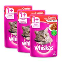 Kit 3 Ração Úmida para Gatos Whiskas Adulto 1+ Anos Sabor Carne ao Molho 85g