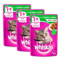 Kit 3 Ração Úmida para Gatos Whiskas Adulto 1+ Anos Sabor Cordeiro ao Molho 85g
