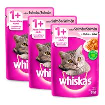 Kit 3 Ração Úmida para Gatos Whiskas Adulto 1+ Anos Sabor Salmão ao Molho 85g