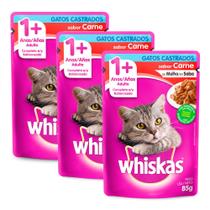 Kit 3 Ração Úmida para Gatos Whiskas Adultos 1+ Anos Castrados Sabor Carne 85g