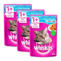Kit 3 Ração Úmida para Gatos Whiskas Adultos 1+ Anos Castrados Sabor Peixe 85g