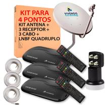 Kit 3 receptores vivensis + antena + lnbf quadruplo + 3 cabos