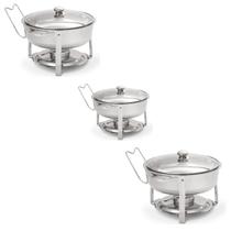 Kit 3 Rechaud Redondo 3l Banho Maria Aço Inox Suporte Tampa
