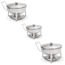 Kit 3 Rechaud Redondo 5l Banho Maria Aço Inox Suporte Tampa