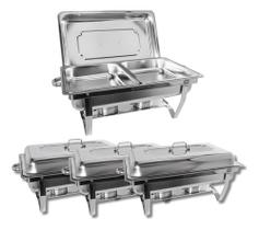 Kit 3 Rechaud Retangular 2 Cubas 1/2 GN 9 Litros Inox Fogareiro Gourmet Mix