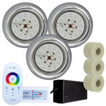 Kit 3 Refletores Led 18w RGB Inox e Adaptadores Cano 50mm e Comando para Iluminação Piscina Kit 3 Refletores Led 18w RGB Inox e Adaptadores Cano 50mm e Comando para Iluminação Piscina