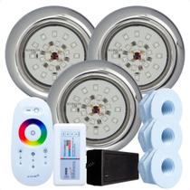 Kit 3 Refletores Led 18w RGB Inox e Comando para Iluminação Piscina Fibra