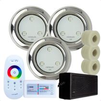 Kit 3 Refletores Led 6w RGB Inox S e Adaptadores Cano 50mm e Comando para Iluminação Piscina Kit 3 Refletores Led 6w RGB Inox S e Adaptadores Cano 50mm e Comando para Iluminação Piscina