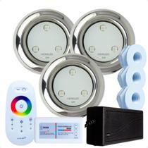 Kit 3 Refletores Led 6w RGB Inox S e Comando Iluminação Para Piscina Fibra Kit 3 Refletores Led 6w RGB Inox S e Comando Iluminação Para Piscina Fibra