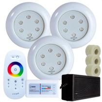 Kit 3 Refletores Led 9w RGB ABS e Adaptadores Cano 50mm e Comando para Iluminação Piscina Kit 3 Refletores Led 9w RGB ABS e Adaptadores Cano 50mm e Comando para Iluminação Piscina