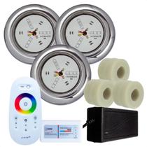 Kit 3 Refletores Led 9w RGB Inox e Adaptadores 50mm e Comando Iluminação Piscina Kit 3 Refletores Led 9w RGB Inox e Adaptadores 50mm e Comando Iluminação Piscina