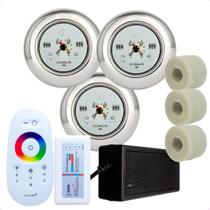 Kit 3 Refletores Led 9w RGB Inox S e Adaptadores Cano 50mm e Comando para Iluminação Piscina