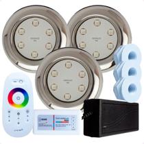 Kit 3 Refletores Led 9w RGB Inox S e Comando para Iluminação Piscina Fibra Kit 3 Refletores Led 9w RGB Inox S e Comando para Iluminação Piscina Fibra