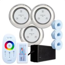 Kit 3 Refletores Led 9w RGB Inox S e Comando para Iluminação Piscina Fibra Kit 3 Refletores Led 9w RGB Inox S e Comando para Iluminação Piscina Fibra