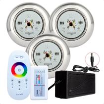 Kit 3 Refletores Led 9w RGB Inox S e Comando para Iluminação Piscina