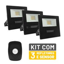 Kit 3 Refletores LED Taschibra TR 10 Slim Preto + Sensor de Movimento com Fotocélula Qualitronix QA26M