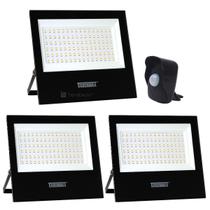 Kit 3 Refletores LED Taschibra TR 100 Preto + Sensor de Movimento com Fotocélula Qualitronix QA26M