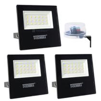 Kit 3 Refletores LED Taschibra TR 20 Slim Preto + Relé Fotocélula Qualitronix QR51 Corujito