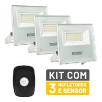 Kit 3 Refletores LED Taschibra TR 30 Slim Branco + Sensor de Movimento com Fotocélula Qualitronix QA26M